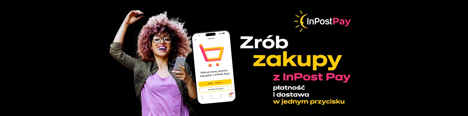 Pies obok paczki InPost, logo MiskaPupila.pl i smartfon z aplikacją InPost Mobile