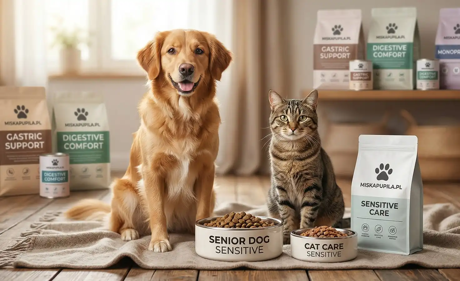 Pies i kot siedzą razem przy miskach z lekkostrawną karmą sensitive