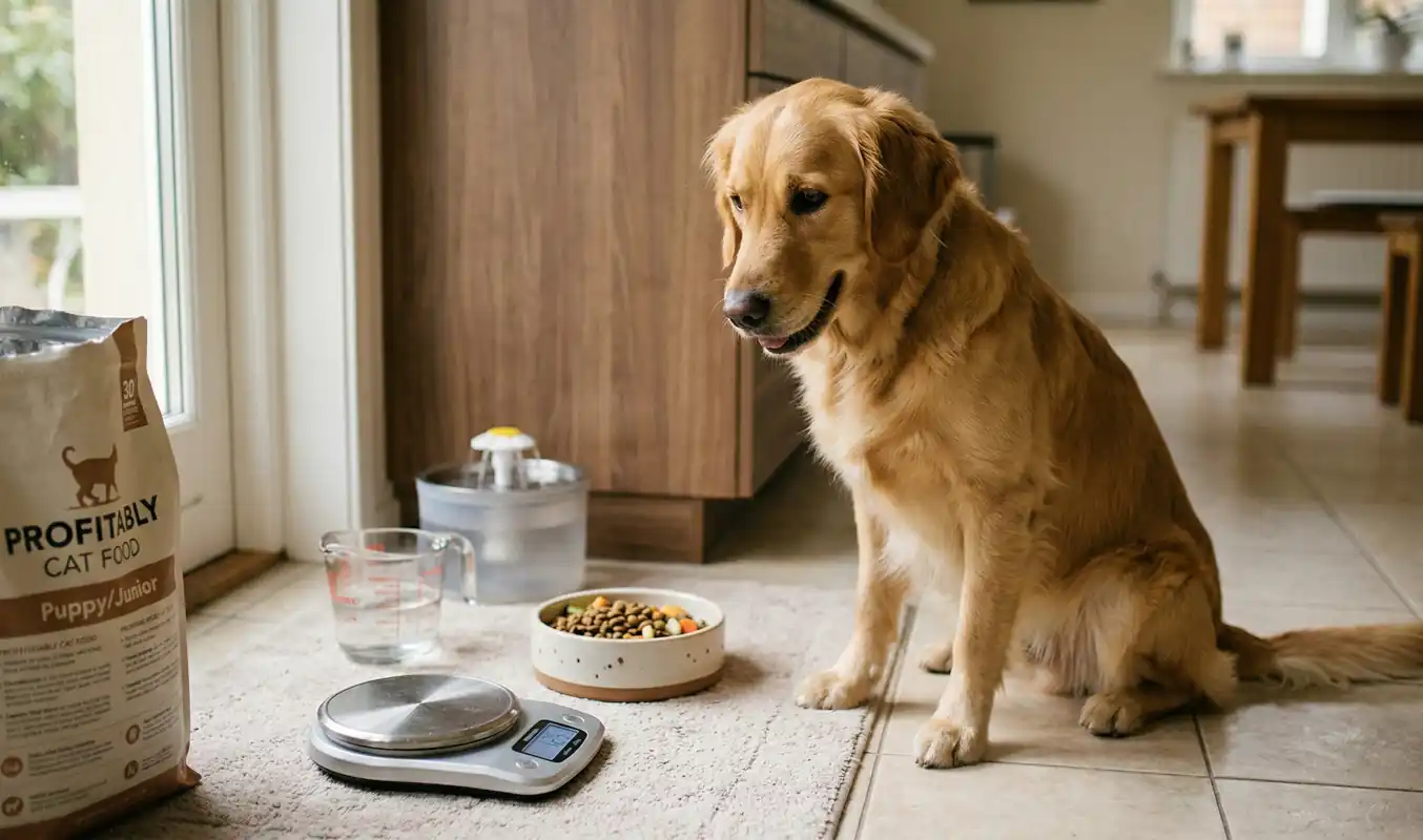Złoty pies rasy Golden Retriever siedzący obok wagi kuchennej i miski z suchą karmą – ilustracja do poradnika o prawidłowym dawkowaniu jedzenia dla psa na MiskaPupila.pl.