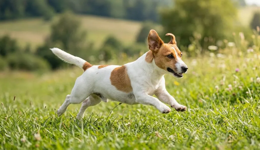 Energiczny pies rasy Jack Russell Terrier biegnący po trawie – poradnik o rasie na MiskaPupila.pl.