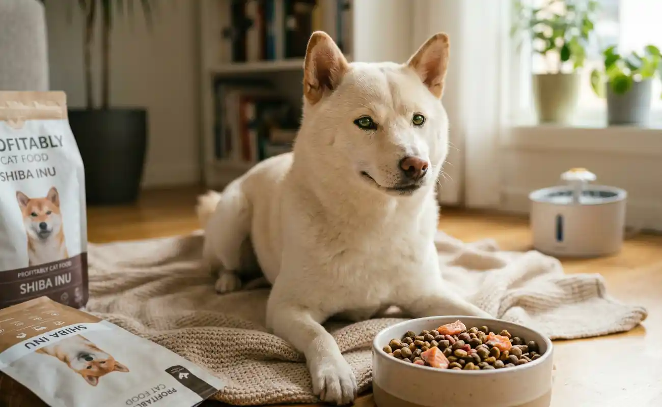 Kremowy pies rasy Shiba Inu, znany z memów jako 'Pieseł', leży na kocu obok miski pełnej suchej karmy z łososiem i warzywami w przytulnym salonie – zdjęcie ilustrujące dietę psów z internetu na MiskaPupila.pl.