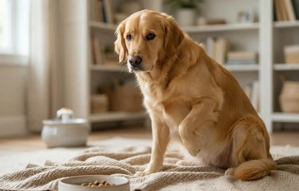 Smutny pies rasy Golden Retriever z dyskomfortem brzucha - przyczyny wzdęć u psów MiskaPupila.pl.
