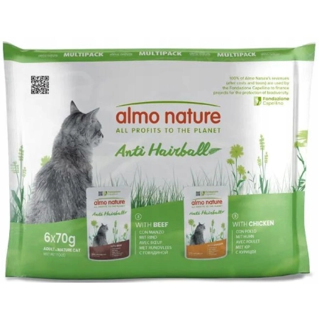 Almo Nature Anti Hairball Multipack wołowina, kurczak 6x70g